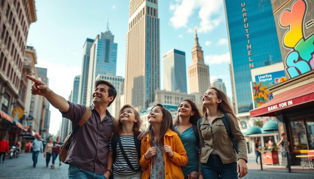 Family exploring a city